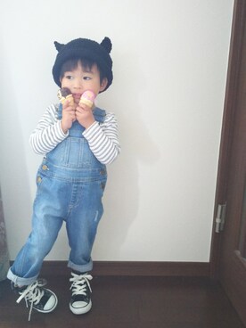 「コンバース ハイカット」｜「アイテム（オールインワン・サロペット）」を使った、shiii☺yuckyさん（キッズ・90cm）の春コーディネート