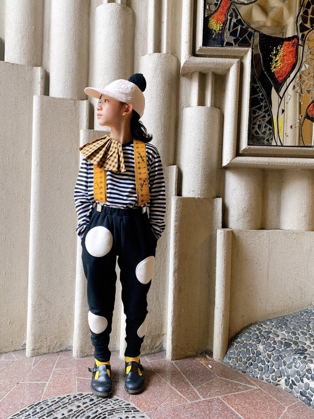 「キッズファッション、秋のコーデ、カジュアル、男の子コーデ、ロンT、キャップ、サスペンダー、ボーダーTシャツ、チェック、秋冬準備はじめました」｜「frankygrowのアイテム（Tシャツ/カットソー、ホワイト系）」を使った、sun913さん（キッズ・131cm）の秋コーディネートの1枚目の写真
