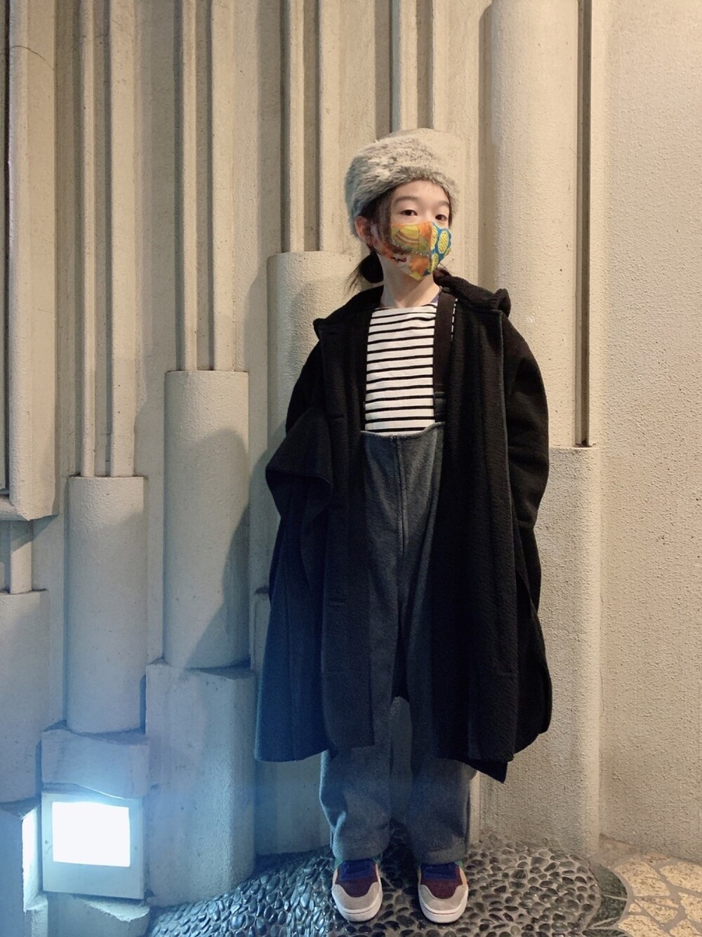 「年末WEAR感謝祭、キッズコーデ、マイベストコーデ2020、男の子、フードコート、サロペット、TheAnimalsObservatory、ボア、冬コーデ」｜「unioniniのアイテム（ジャケット/アウター、ブラック系）」を使った、sun913さん（キッズ・135cm）の冬コーディネートの1枚目の写真