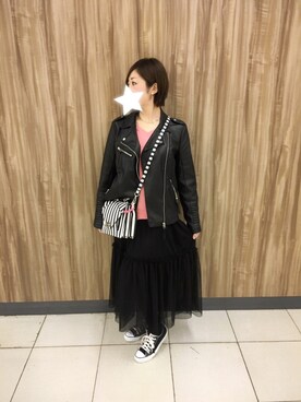 「FOREVER 21」｜「アイテム（ライダースジャケット）」を使った、greenさん（レディース・159cm）の春コーディネート