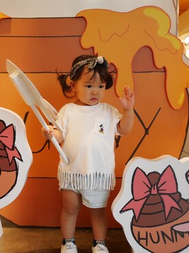 「UNIQLO（ユニクロ）のアイテム（Tシャツ/カットソー、ホワイト系）」を使った、aomamaさん（キッズ・80cm）の夏コーディネート