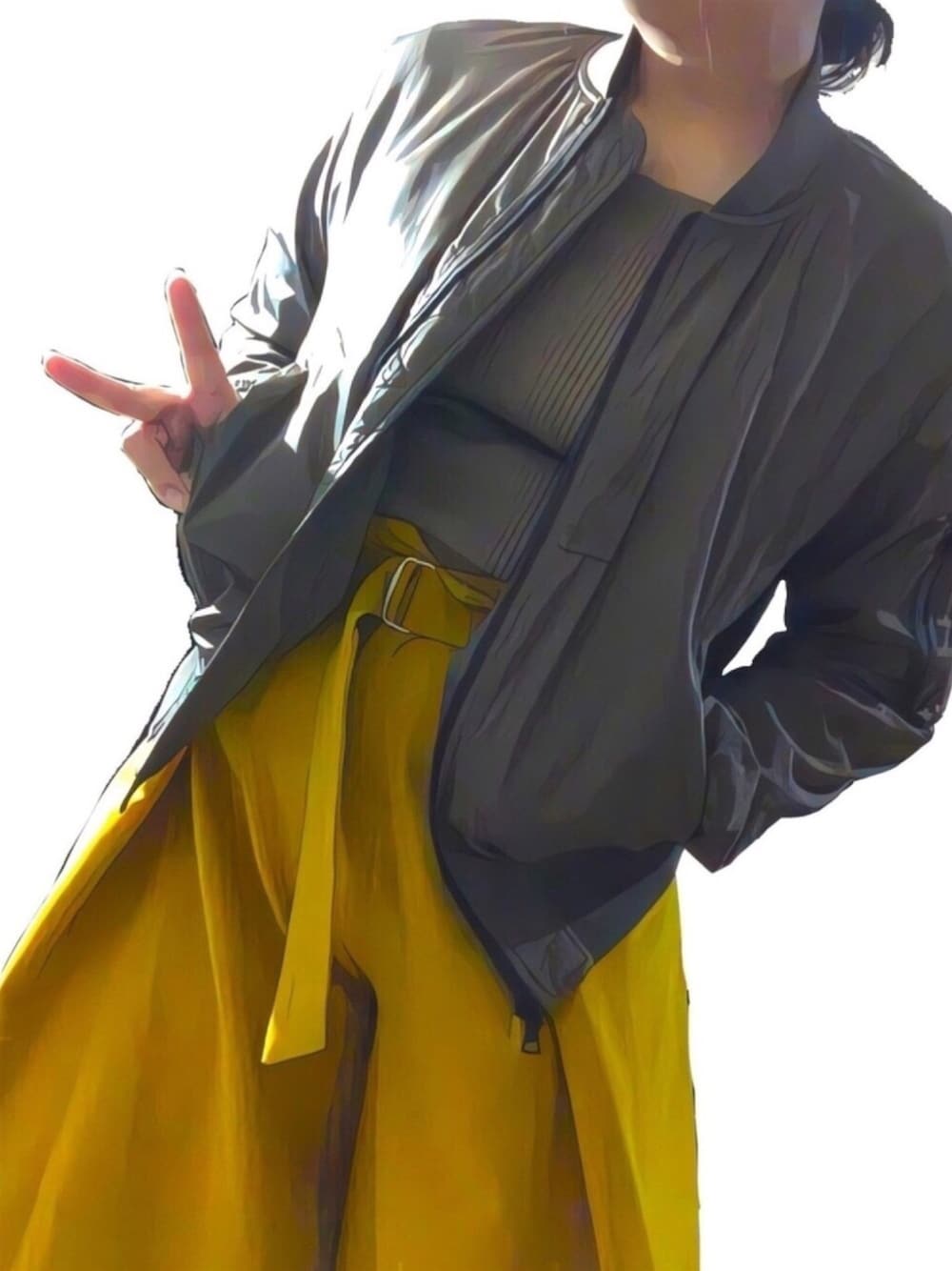 「大人カジュアル、シンプルスタイル、ワイドパンツ、ブルゾン、足袋パンプス、コスプレ？、学芸大青春、じゅねす」｜「OSMOSISの ラップワイドパンツ（その他パンツ、イエロー系）」を使った、うっちきちーちゃんさん（レディース・164cm）の春コーディネートの1枚目の写真