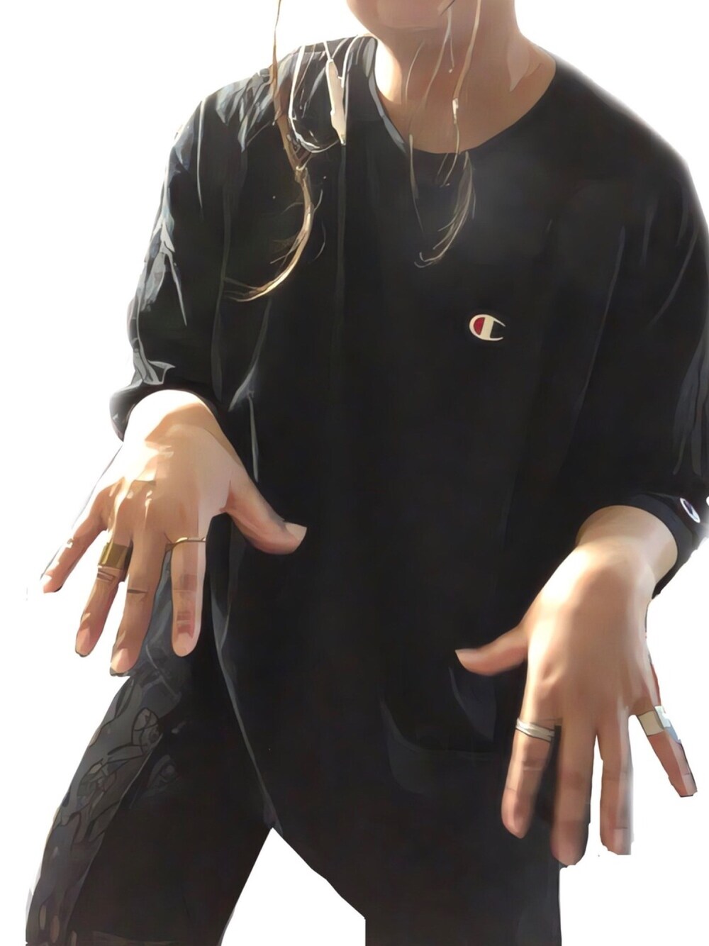 「これが私をアゲる服、休日スタイル、ラクチンコーデ、シンプル、大人カジュアル、オールブラック、スポサン、レースパンツ、ロゴT」｜「Championの【Champion】バックプリントゆるTシャツ（Tシャツ/カットソー、ブラック系）」を使った、うっちきちーちゃんさん（レディース・164cm）の春コーディネートの1枚目の写真