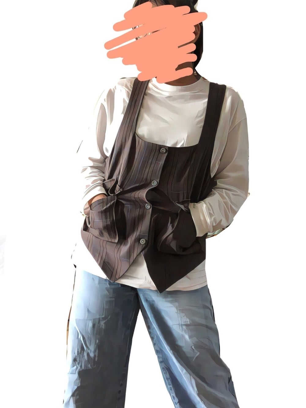 「休日スタイル、大人カジュアル、プチプラ、デニム、ベスト、ハイウエスト、ワイドパンツ」｜「antiquaのベスト 落ち着きのある色合い、クラシカルな雰囲気漂うチェック。（ベスト、ホワイト系）」を使った、うっちきちーちゃんさん（レディース・164cm）の夏コーディネートの1枚目の写真