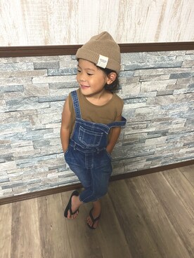 「quoti use fith（クゥオティ　ユース　フィス）のアイテム（サロペット/オーバーオール）」を使った、fuku☻さん（キッズ・100cm）の夏コーディネート