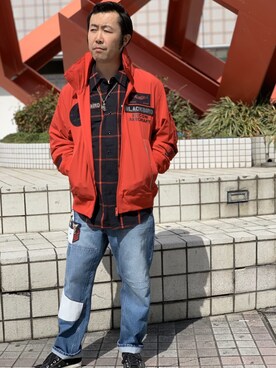 「アイテム（ミリタリージャケット、レッド系）」を使った、TAKASIさん（メンズ・166cm）の春コーディネート