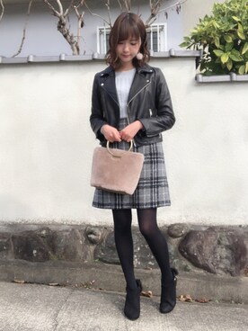 「ケーブルニット」｜「アイテム（ライダースジャケット）」を使った、せいなさん（レディース・158cm）の秋コーディネート