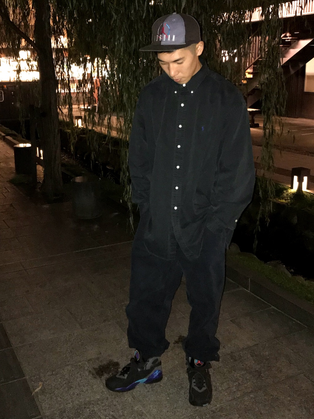「Jordan、jordan8、jordan8aqua、ラルフローレンシャツ、RL、シルバータブ、silver tab、ストリート系、ストリート」｜「Jordanのアイテム（キャップ、ブルー系）」を使った、ルカさん（メンズ・175cm）の秋コーディネートの1枚目の写真