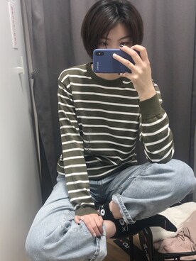 「UNIQLO（ユニクロ）のアイテム（トップス、グリーン系）」を使った、鸡米花啾啾さん（レディース・168cm）の春コーディネート