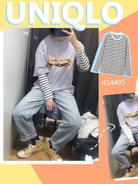 「UNIQLO（ユニクロ）のアイテム（トップス、ホワイト系）」を使った、鸡米花啾啾さん（レディース・168cm）の春コーディネート