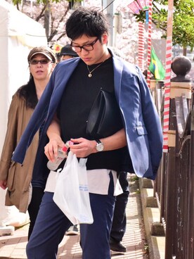 「花見」｜「アイテム（スラックス）」を使った、みーーさん（メンズ・184cm）の春コーディネート