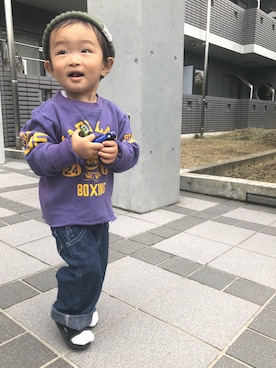 「切りっぱなし」｜「アイテム（ニットキャップ/ビーニー）」を使った、健太郎さん（キッズ・80cm）の秋コーディネート