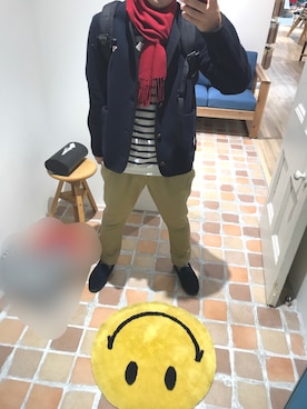 「レッド」｜「アイテム（スリッポン）」を使った、ひーくんさん（メンズ・171cm）の冬コーディネート