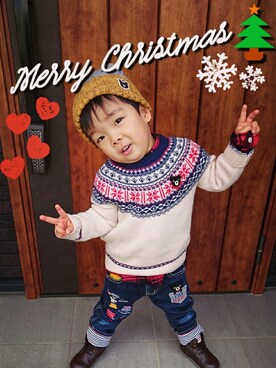 「MIKI HOUSE（ミキハウス）のアイテム（ニットキャップ/ビーニー）」を使った、kids-eiteeさん（キッズ・90cm）の冬コーディネート
