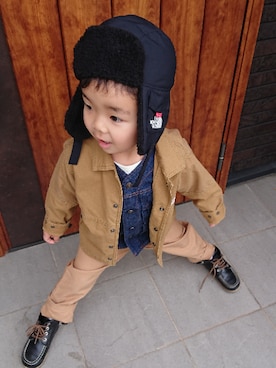 「こども ビームス（コドモビームス）のアイテム（ニットキャップ/ビーニー）」を使った、kids-eiteeさん（キッズ・100cm）の冬コーディネート