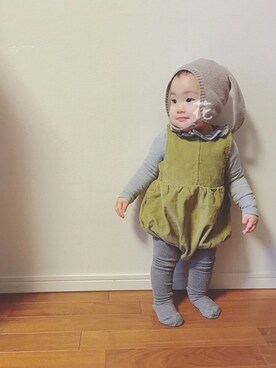 「アイテム（サロペット/オーバーオール、イエロー系）」を使った、yorikanatyさん（キッズ・70cm）の冬コーディネート