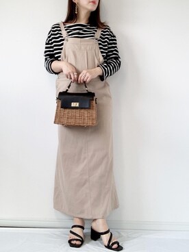 「coca（coca）（コカ）の【WEB限定セール】＼WEB限定新色／ボーダーボートネックトップス/オーガニックコットン混（Tシャツ/カットソー）」を使った、risaさん（レディース・155cm）の春コーディネート