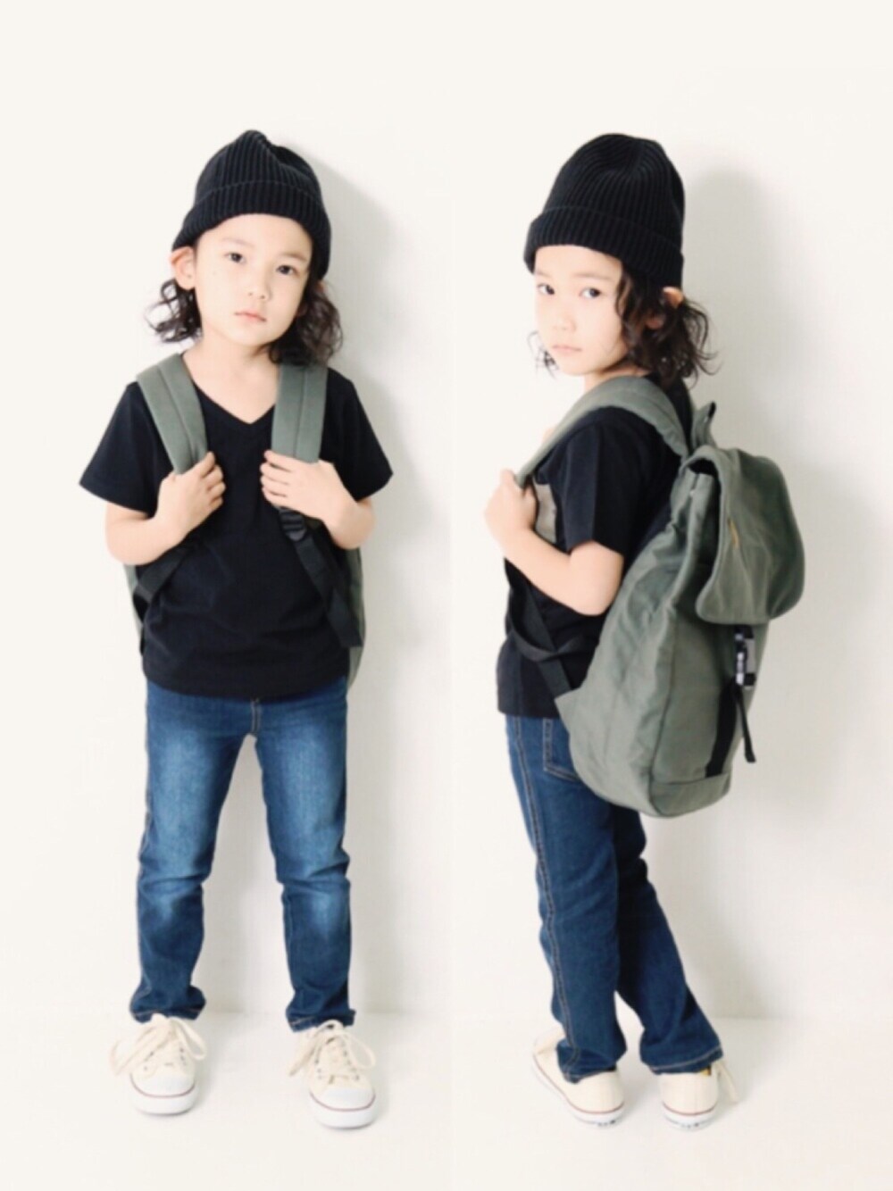 「キッズファッション、キッズコーデ、男の子コーデ、カジュアルコーデ、シンプルコーデ、kids、スクエアバッグ、リュック、デニムパンツ、スニーカー」｜「devirockの柄ポケットVネック半袖Tシャツ カットソー（Tシャツ/カットソー、ブラック系）」を使った、devirockさん（キッズ・110cm）の春コーディネートの1枚目の写真