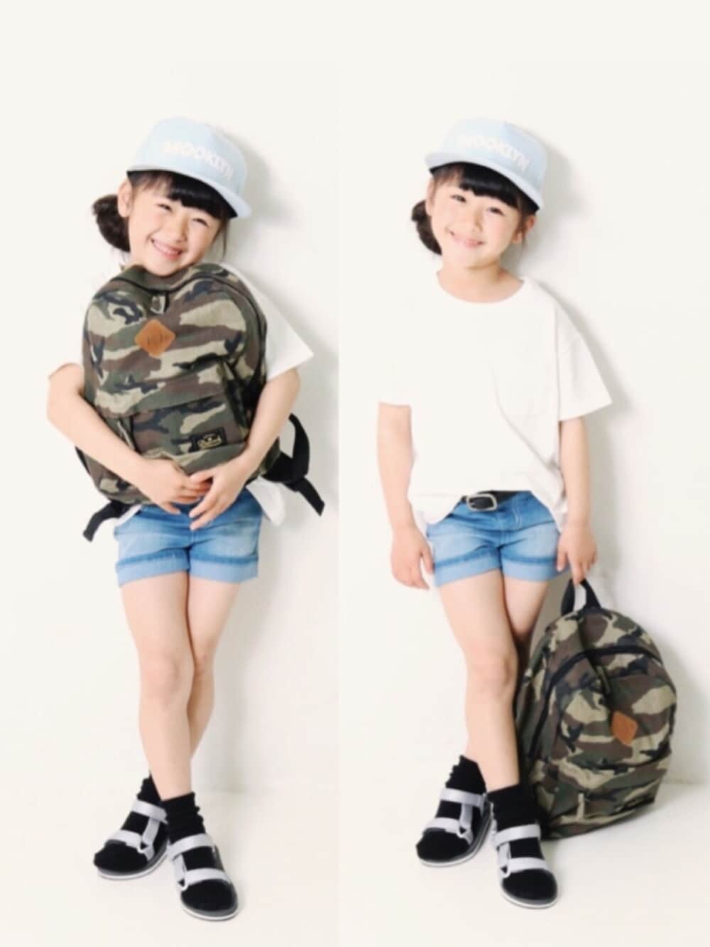 ホワイト系のTシャツ/カットソー、ブルー系のその他パンツ、シルバー系のサンダルを着用したキッズの春コーディネートの1枚目の写真