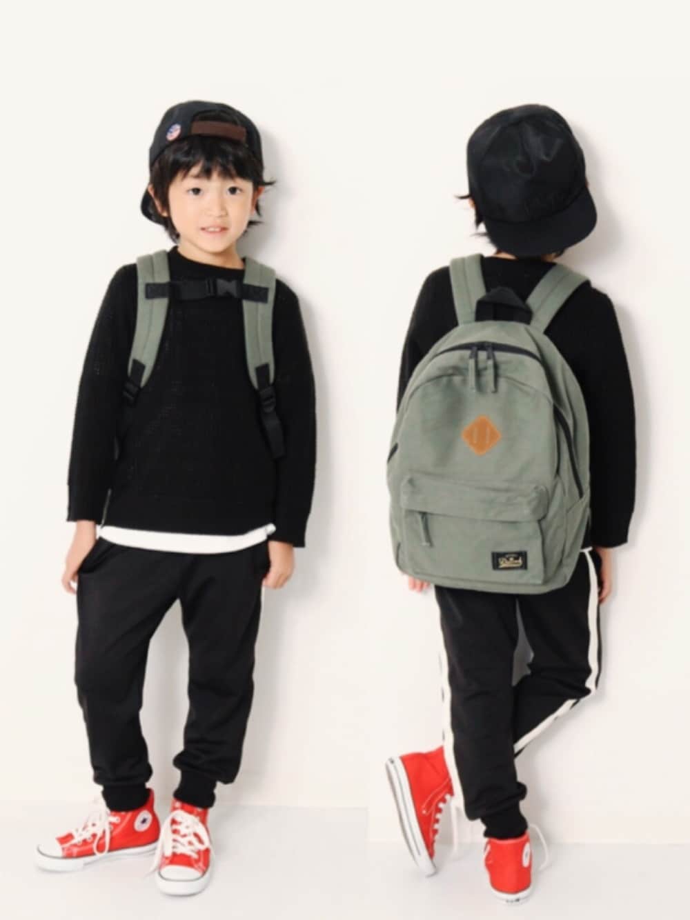 「キッズファッション、キッズコーデ、カジュアルコーデ、プチプラ、シンプル、ニット、セーター、トラックパンツ、リュック、コンバース」｜「devirockの裾ラウンドロング丈長袖Tシャツ ロンT カットソー（Tシャツ/カットソー、ホワイト系）」を使った、devirockさん（キッズ・110cm）の秋コーディネートの1枚目の写真