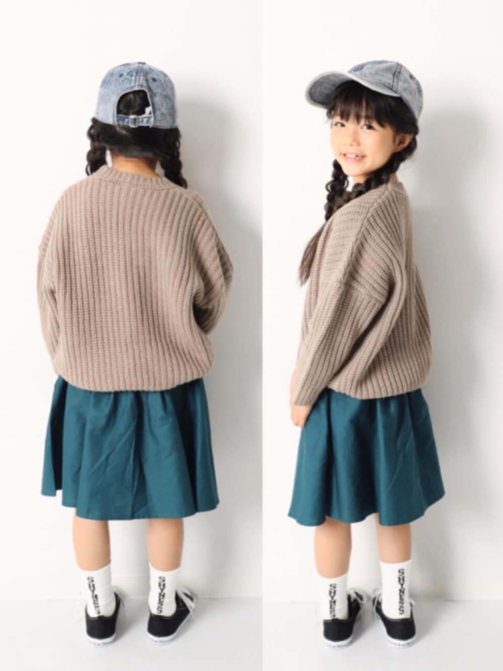 「キッズファッション、キッズコーデ、ゆるコーデ、秋冬コーデ、女の子、ニット、ビッグシルエット、スカート、デニム、おしゃれさんと繋がりたい」｜「devirockの畦編みビッグニット セーター（ニット/セーター、ベージュ系）」を使った、devirockさん（キッズ・120cm）の冬コーディネートの1枚目の写真