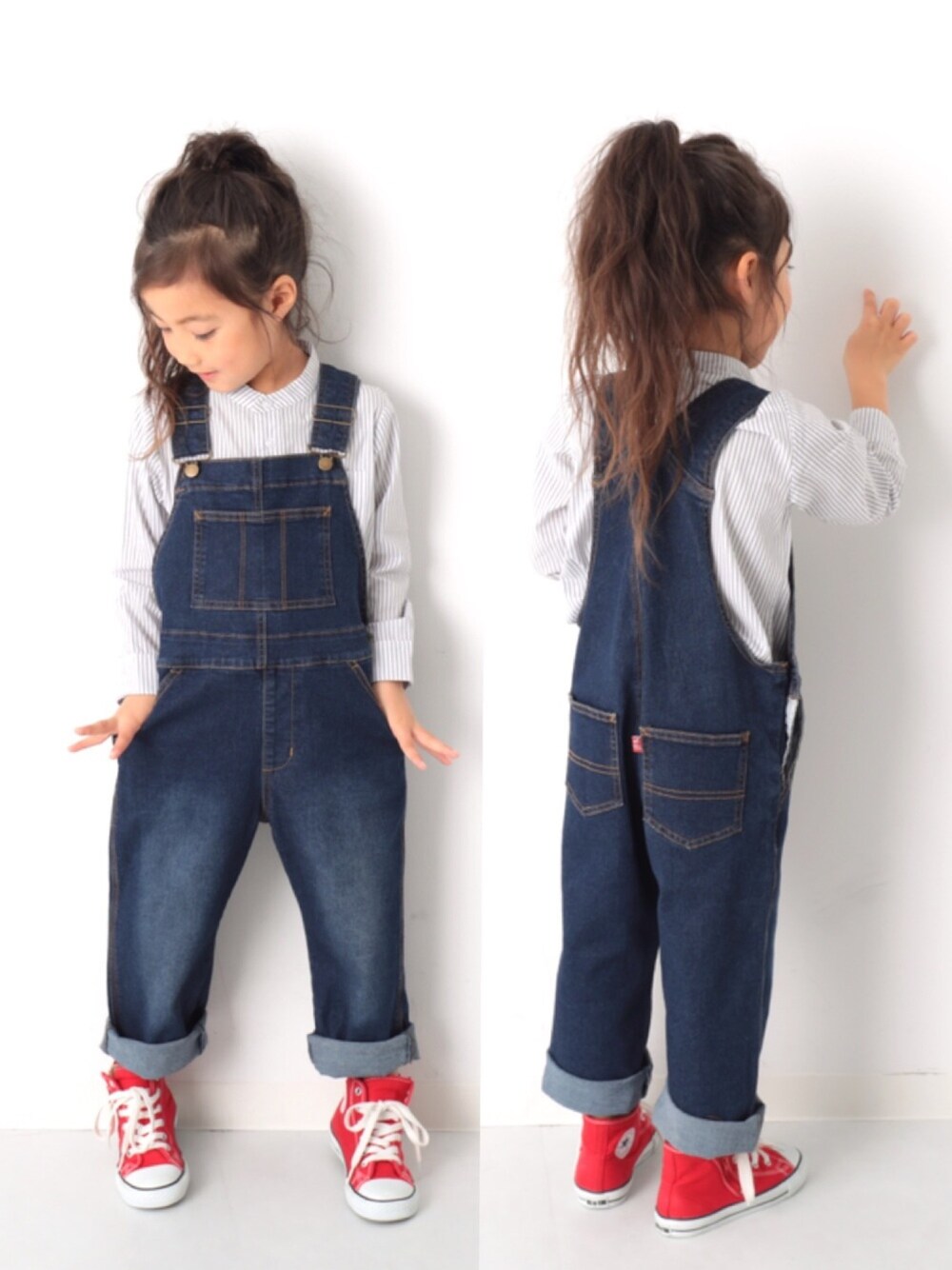 「キッズファッション、キッズコーデ、カジュアルコーデ、おんなのこコーデ、プチプラ、ootd、サロペット、オーバーオール、コンバース、おしゃれさんと繋がりたい」｜「devirockのスタンドカラー長袖シャツ（シャツ/ブラウス、その他）」を使った、devirockさん（キッズ・110cm）の春コーディネートの1枚目の写真