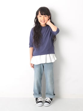 「devirock（デビロック）のアイテム（デニムパンツ）」を使った、devirockさん（キッズ・120cm）の春コーディネート