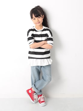 「devirock（デビロック）のアイテム（デニムパンツ）」を使った、devirockさん（キッズ・120cm）の春コーディネート
