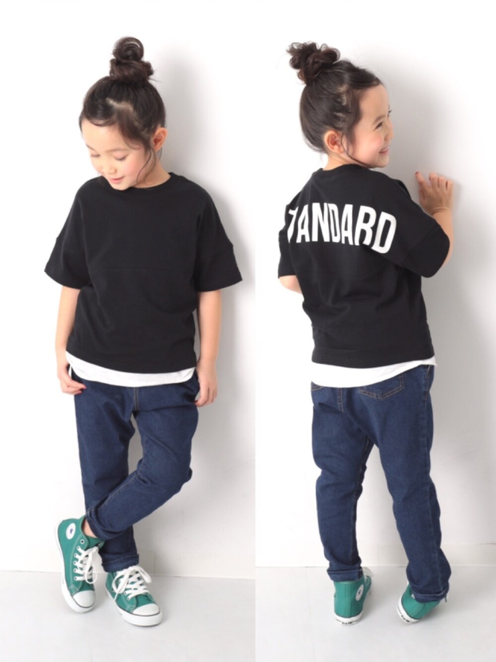 「キッズファッション、キッズコーデ、おんなのこ、ロゴT、デニムパンツ、ゆるパンツ、コンバース、スニーカー、おだんごヘアー、おしゃれさんと繋がりたい」｜「devirockのロング丈タンクトップ（タンクトップ、ホワイト系）」を使った、devirockさん（キッズ・120cm）の春コーディネートの1枚目の写真