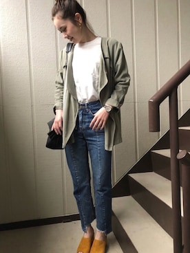 「select MOCA（セレクトモカ）の【GISELe4月号掲載】【GISELe12月号掲載】センタープレスストレートヘムラインカットオフダメージ加工デニム（デニムパンツ）」を使った、𝚊 𝚒さん（レディース・162cm）の春コーディネート