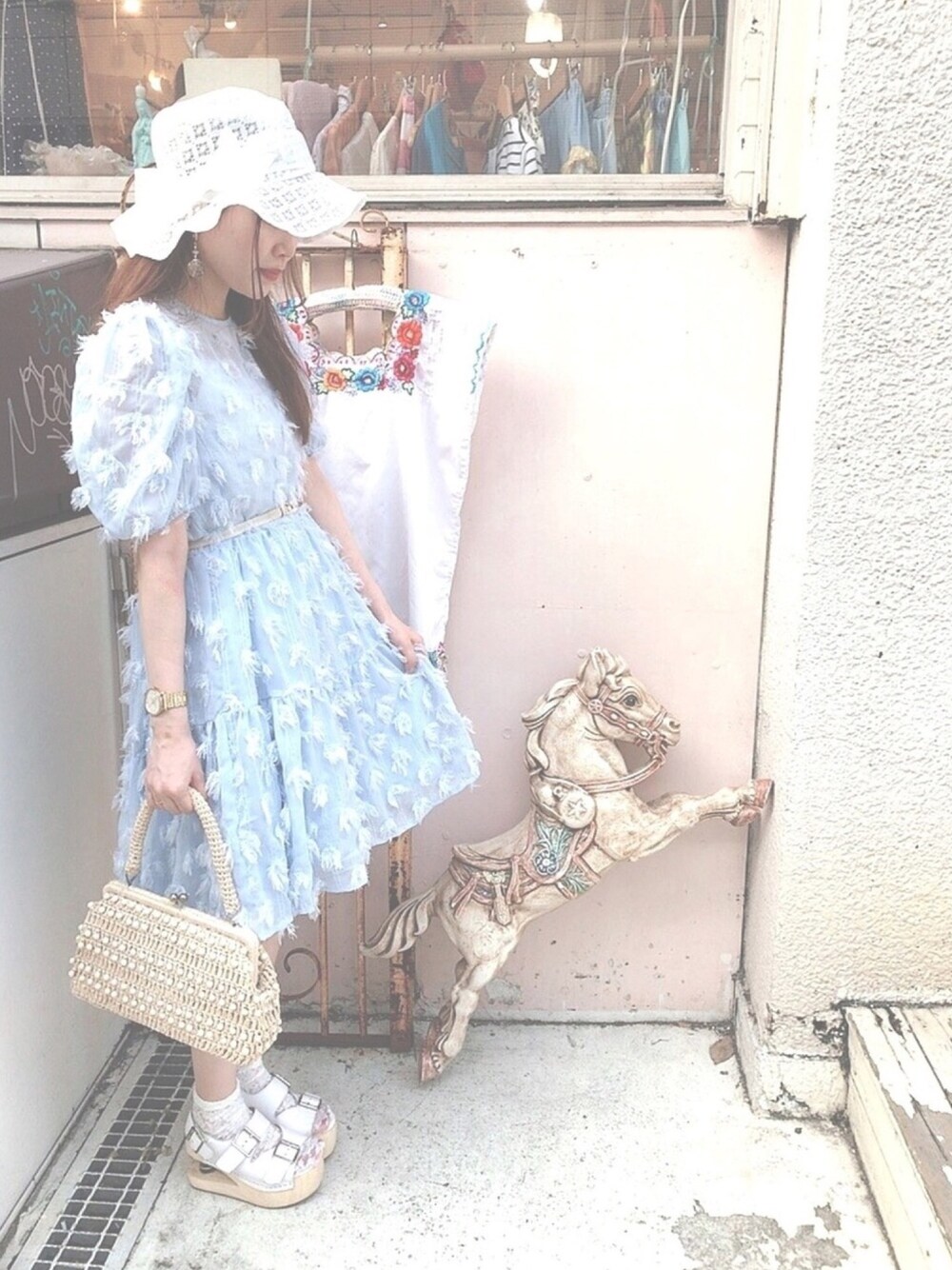 「水色、おしゃれさんと繋がりたい、休日スタイル、低身長コーデ、夏コーデ」｜「Sister Janeのアイテム（ワンピース、ブルー系）」を使った、🌜Runさん（レディース・155cm）の夏コーディネートの1枚目の写真