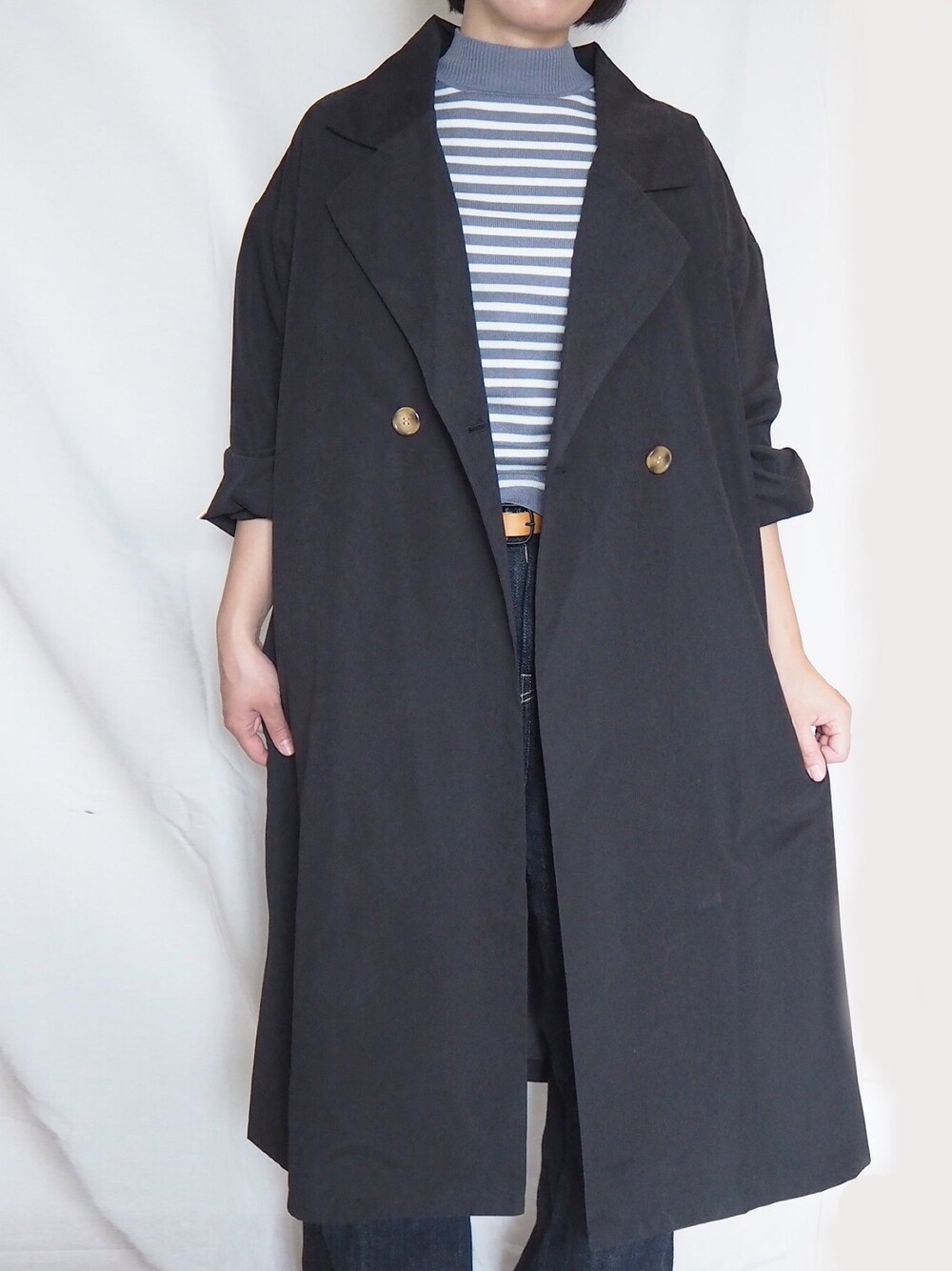 「andr、主婦コーデ、春コート、肌寒い、雨の日コーデ、プチプラ」｜「and Rのアイテム（ジャケット/アウター、ブラック系）」を使った、tatekoさん（レディース・160cm）の春コーディネートの1枚目の写真