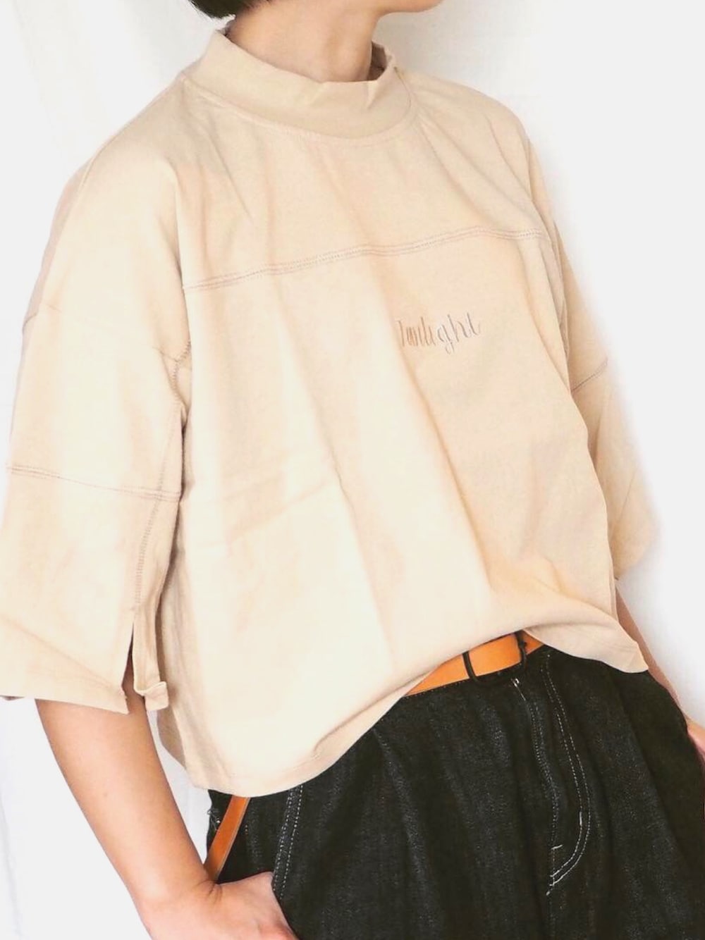 「andr、カジュアルコーデ、主婦コーデ、ラクチンコーデ、プチプラ、春コーデ」｜「and Rの配色ステッチカットソー（Tシャツ/カットソー、ベージュ系）」を使った、tatekoさん（レディース・160cm）の春コーディネートの1枚目の写真