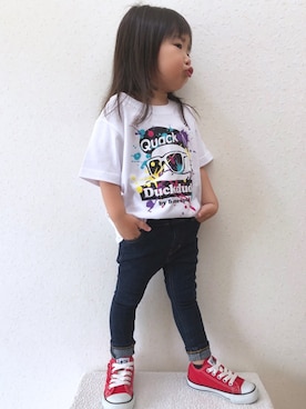 「BREEZE（ブリーズ）のもっとスキニーデニム 10分丈（デニムパンツ）」を使った、Sachiさん（キッズ・90cm）の夏コーディネート