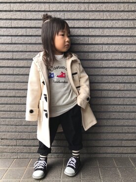 「アイテム（ダッフルコート、ホワイト系）」を使った、Sachiさん（キッズ・90cm）の冬コーディネート