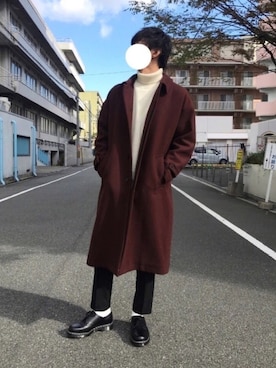 「HARE（ハレ）のオーバーステンカラーコート(HARE)（ステンカラーコート、ブラウン系）」を使った、TaKeさん（メンズ・175cm）の冬コーディネート