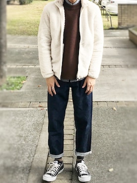 「UNIQLO（ユニクロ）のシルキーフリースジャケット（長袖）（その他アウター、ホワイト系）」を使った、TaKeさん（メンズ・175cm）の冬コーディネート