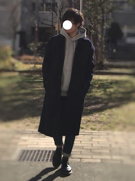 「EMMA CLOTHES（エマクローズ）の【ZOZO限定】ビーバーメルトンロングステンカラーコート/バルカラーコート（ステンカラーコート、ブルー系）」を使った、TaKeさん（メンズ・175cm）の冬コーディネート