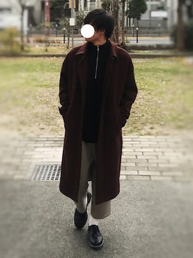 「HARE（ハレ）のオーバーステンカラーコート(HARE)（ステンカラーコート、ブラウン系）」を使った、TaKeさん（メンズ・175cm）の冬コーディネート