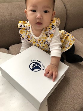 「PETIT BATEAU（プチバトー）のアイテム（ワンピース/ドレス）」を使った、いおさん（キッズ・50cm）の秋コーディネート
