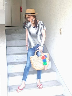 「Ungrid（アングリッド）のインディゴフレイドヘムストスリ（デニムパンツ）」を使った、Miiaさん（レディース・158cm）の夏コーディネート