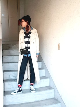 「デニムシャツ」｜「アイテム（トレンチコート）」を使った、Miiaさん（レディース・158cm）の冬コーディネート
