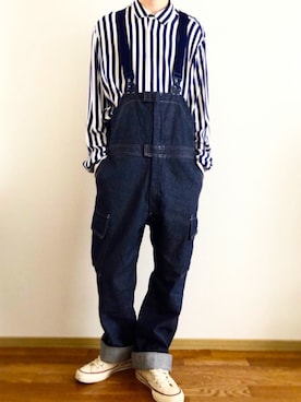 「アイテム（カバーオール、パープル系）」を使った、Rさん（メンズ・177cm）の夏コーディネート