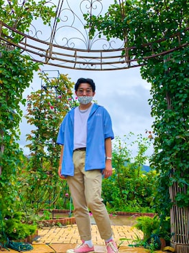 「H&M（エイチ・アンド・エム）のアイテム（Tシャツ/カットソー、ホワイト系）」を使った、RYOさん（メンズ・168cm）の夏コーディネート