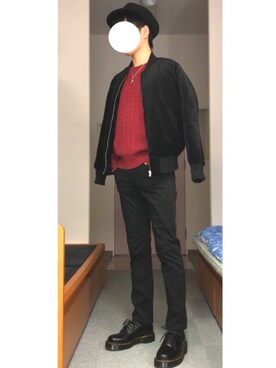 「赤ニット」｜「アイテム（MA-1）」を使った、ちばさん（メンズ・169cm）の秋コーディネート