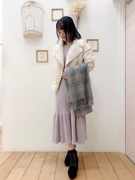 「ラベンダー」｜「アイテム（ライダースジャケット）」を使った、マジェスティックレゴン西宮ガーデンズ店スタッフさん（レディース・155cm）の冬コーディネート