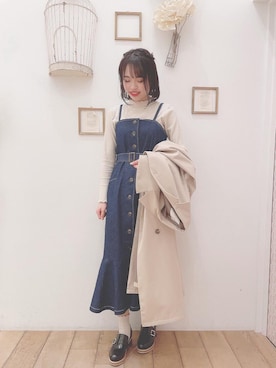 「ロング」｜「アイテム（トレンチコート）」を使った、マジェスティックレゴン西宮ガーデンズ店スタッフさん（レディース・155cm）の冬コーディネート