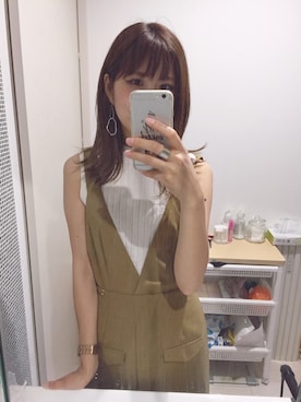 「ノースリーブニット」｜「アイテム（オールインワン・サロペット）」を使った、ねずさん（レディース・163cm）の夏コーディネート