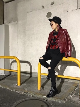 「ネコ」｜「アイテム（ライダースジャケット）」を使った、Yukaさん（レディース・155cm）の秋コーディネート