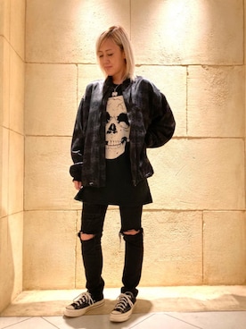 「ロックコーデ」｜「アイテム（ブルゾン）」を使った、Yukaさん（レディース・155cm）の秋コーディネート